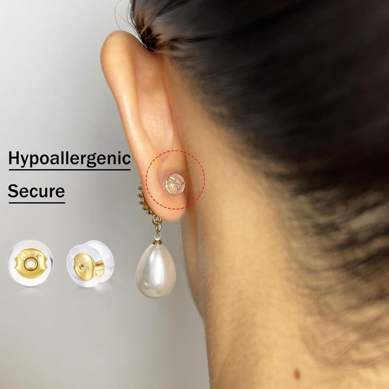 DELECOE 18K Gold Silicone Earring Backs for Studs Droopy Ears Hoops Fish Wires,Locking Secure Earring Backs for Heavy Earring No-Irritate Hypoallergenice Soft Clear Earring Backs for Women Men - Image 3